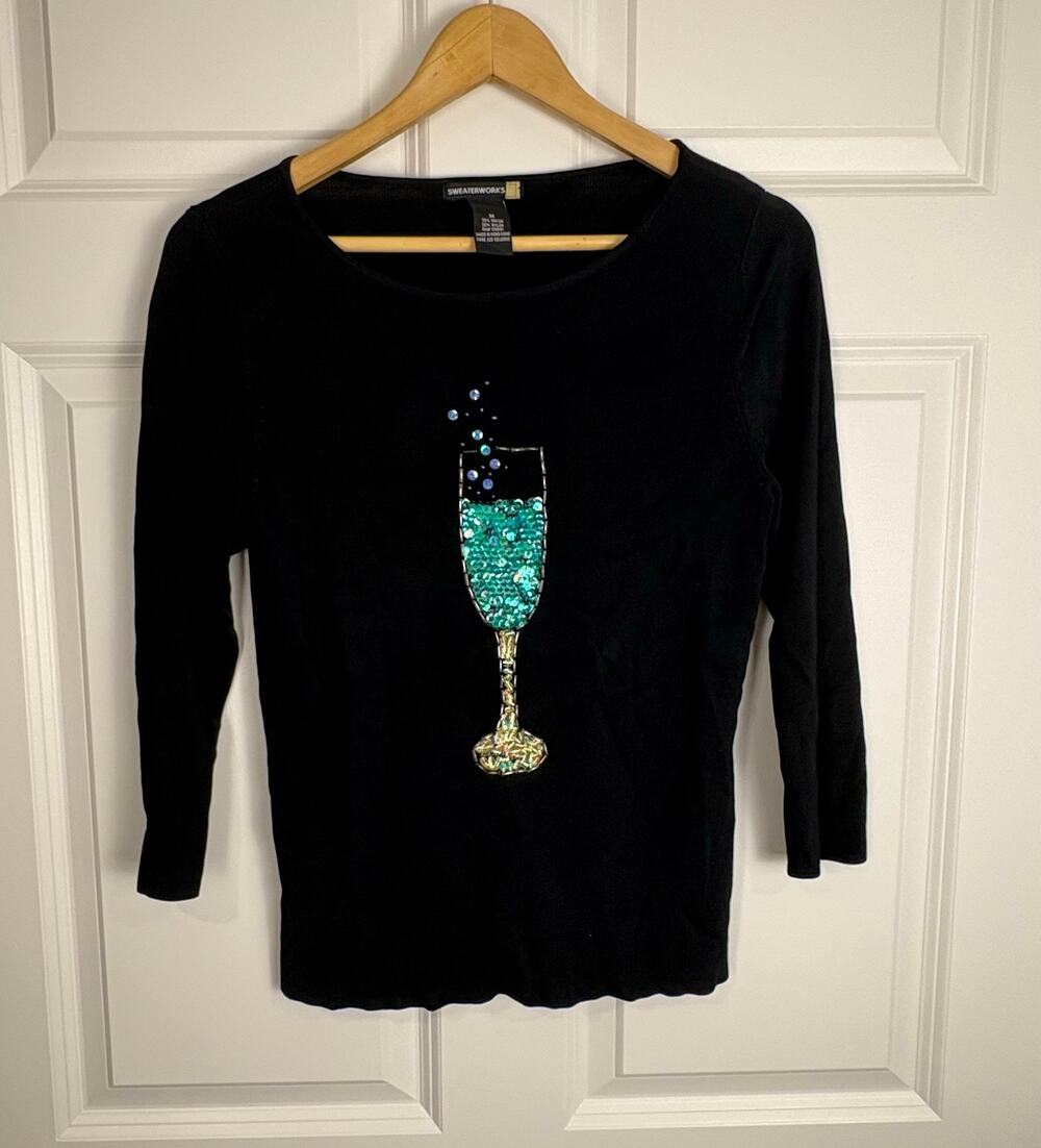 Sweaterworks Champagne Glass Beaded Sequin Blouse Vintage 90s Party NYE Medium